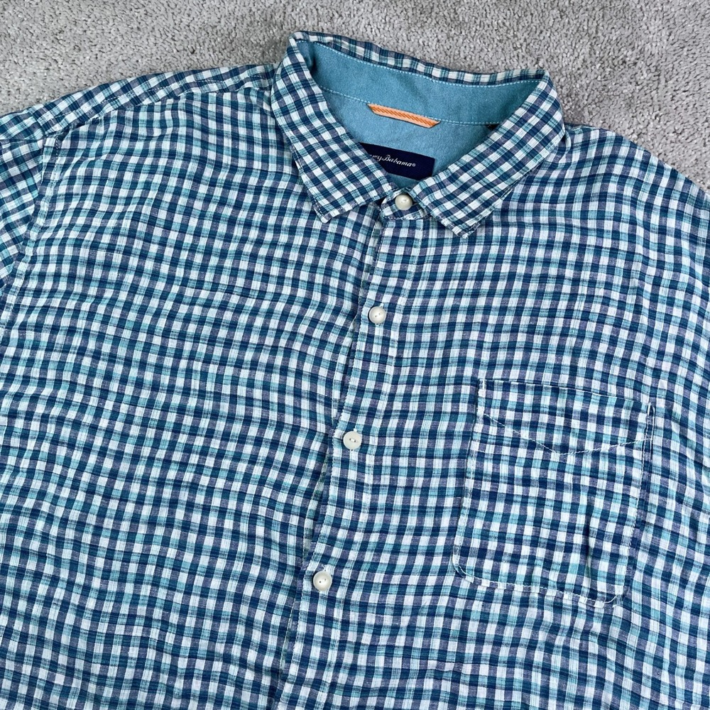 Tommy Bahama Shirt Mens 3XL Blue Gingham Plaid 100% Linen Short Sleeve Button Up